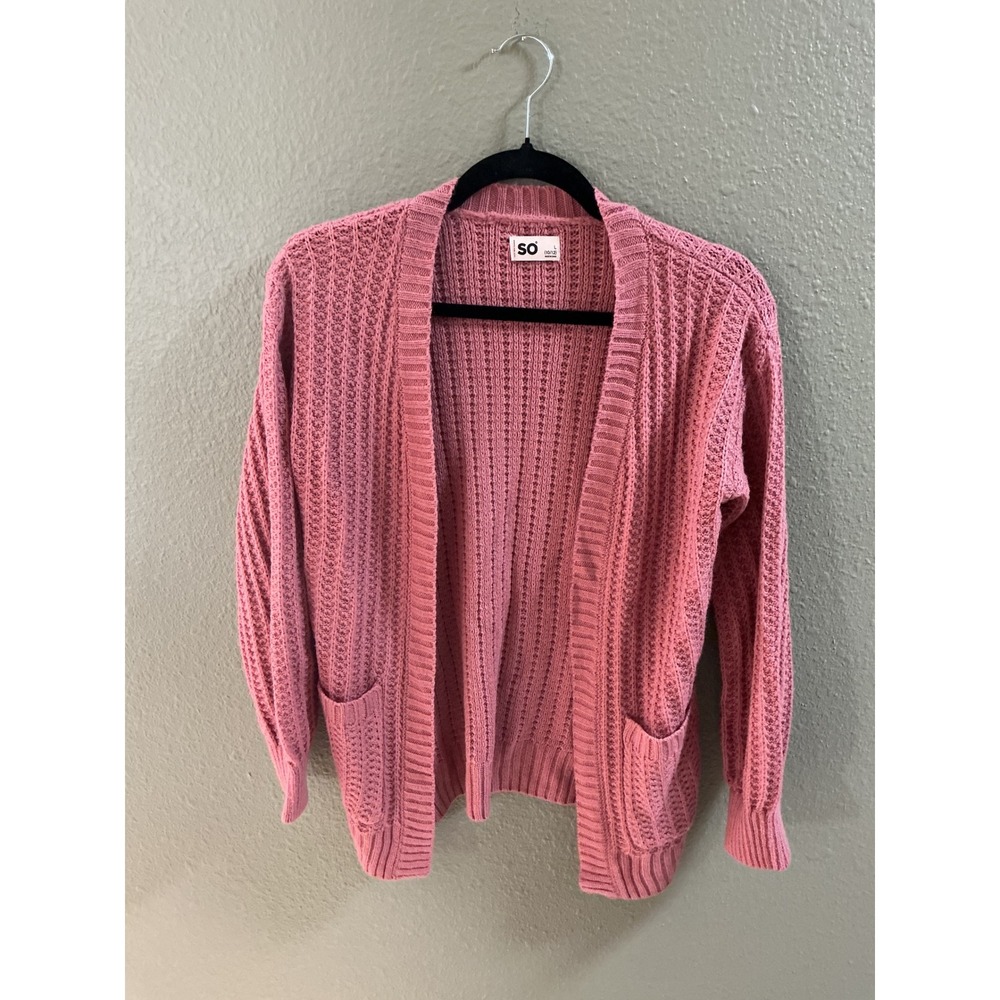 SO Girls Large 10/12 Pink Waffle Knit Open Front Cardigan Sweater Pockets